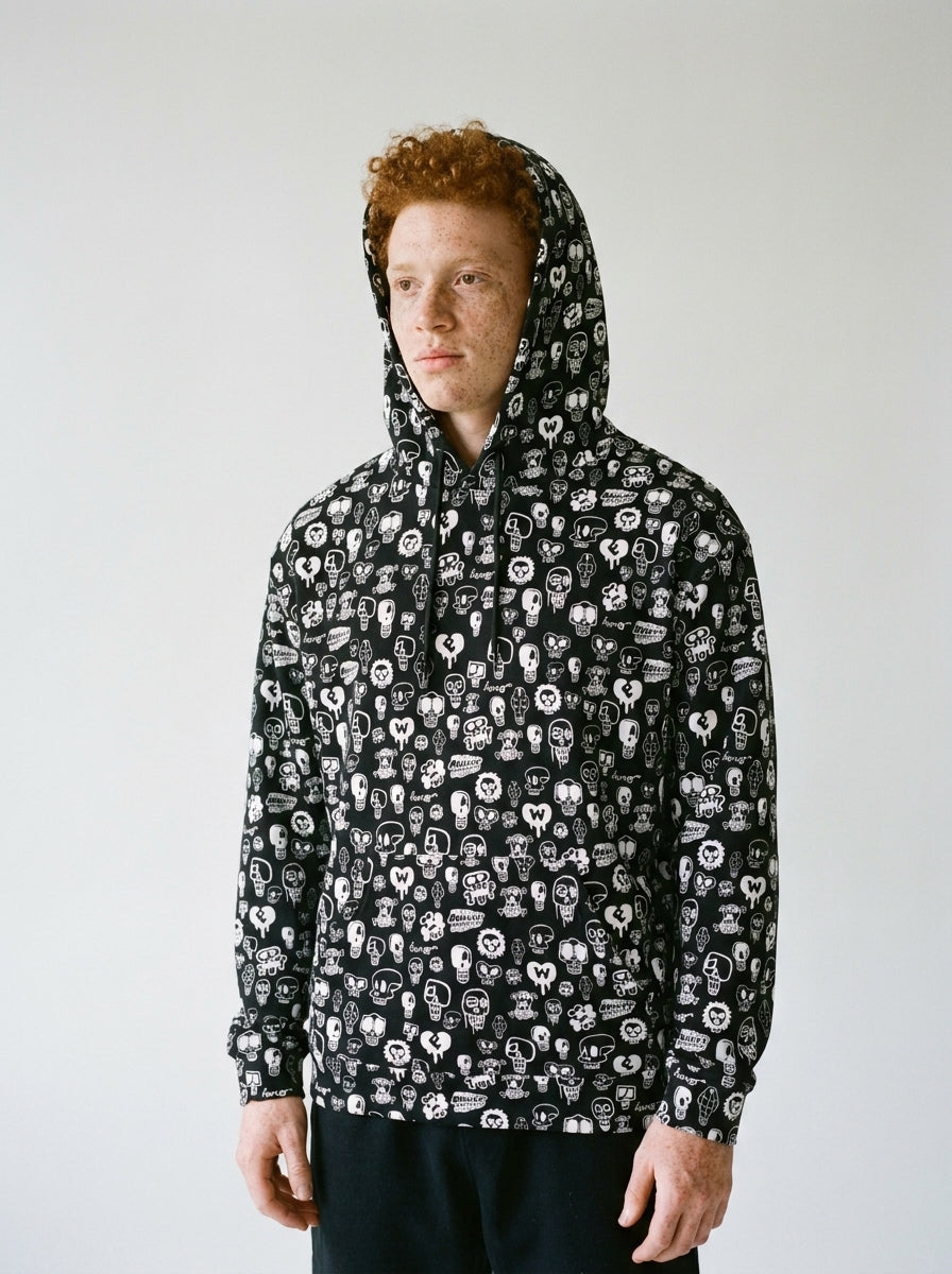 Model wearing the Black Skull hoodie by Design Hero, analog film photo