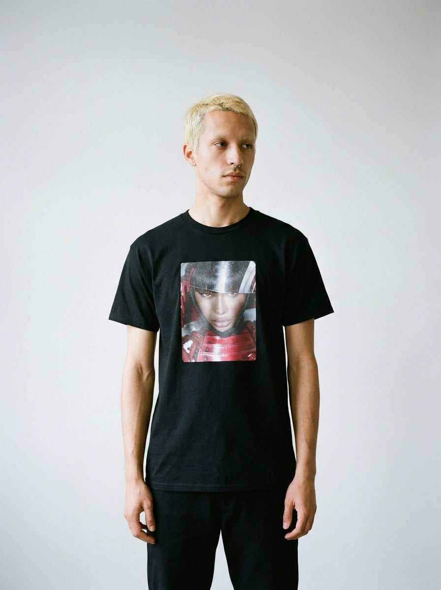 Model wearing the Blood Shadow cyber samurai tee by Design Hero, analog film photo
