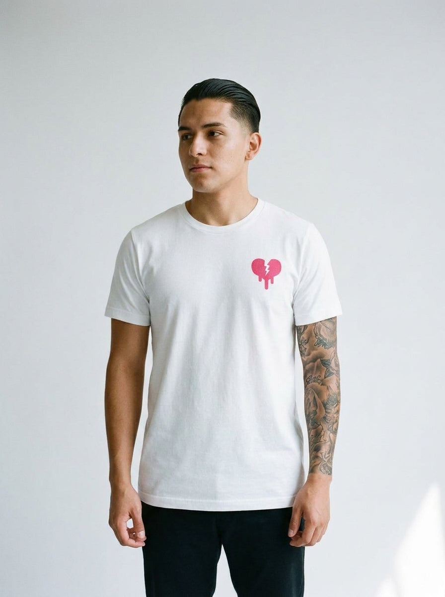 Model wearing the Broken Heart tee by Design Hero, analog film photo