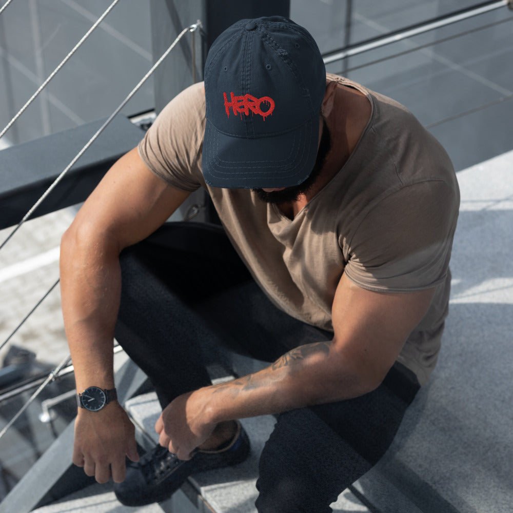 "Hero" Distressed Dad Hat design by Hero. - Design Hero