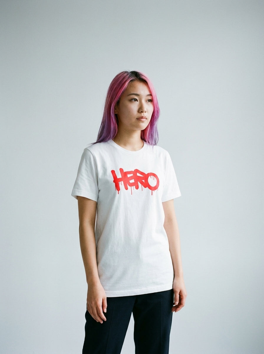 Model wearing the Hero tee by Design Hero, analog film photo