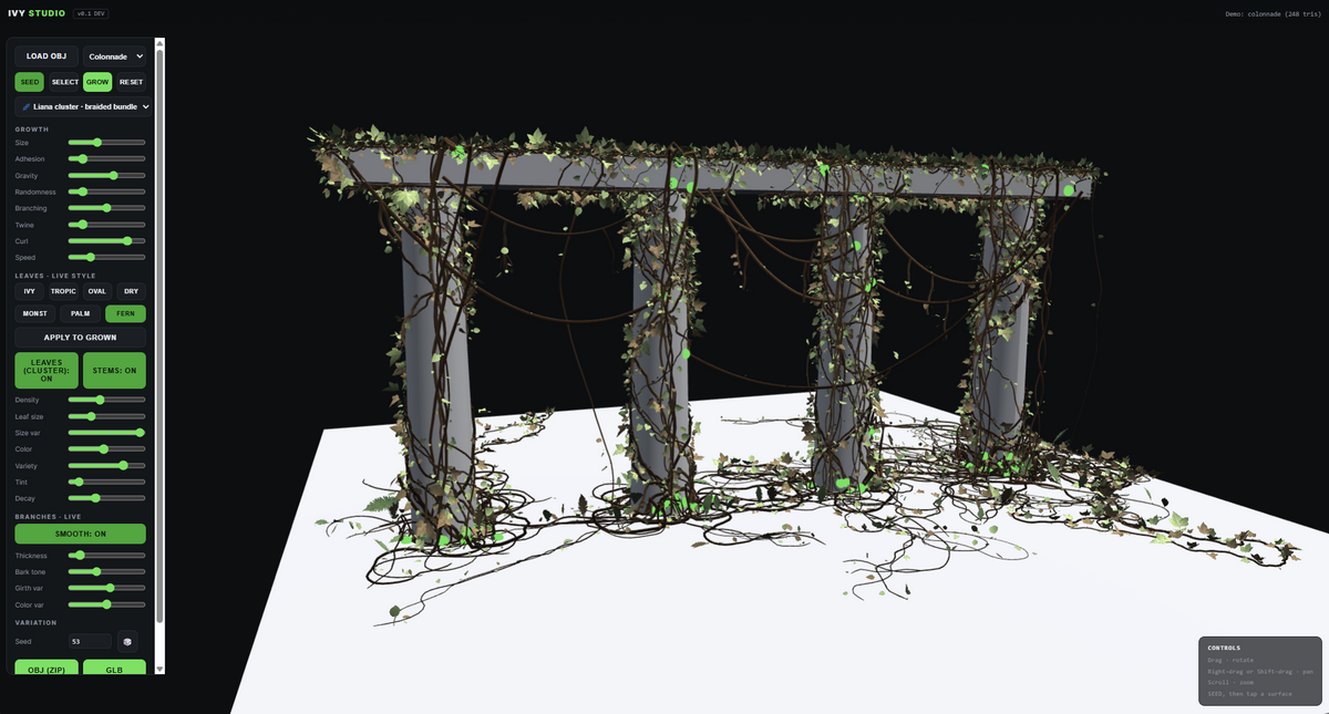Ivy Studio demo: liana cluster grown on a colonnade, 248 tris input