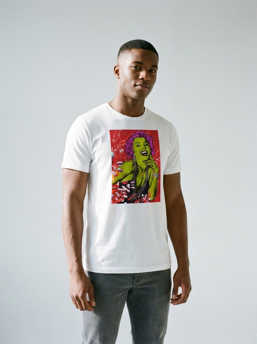 Model wearing the Marylin tee by Design Hero, analog film photo