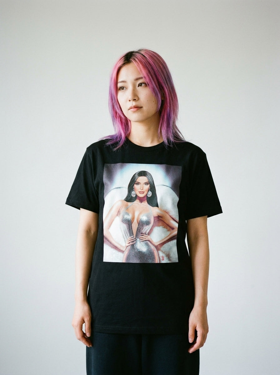 Model wearing the Shiny classic tee by Design Hero, analog film photo