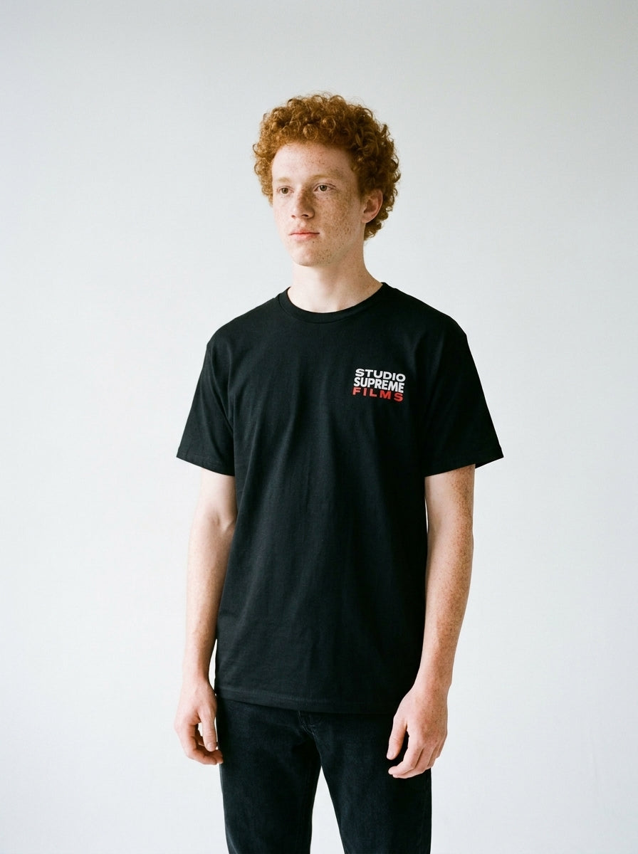 Model wearing the Studio Supreme Films tee by Design Hero, analog film photo