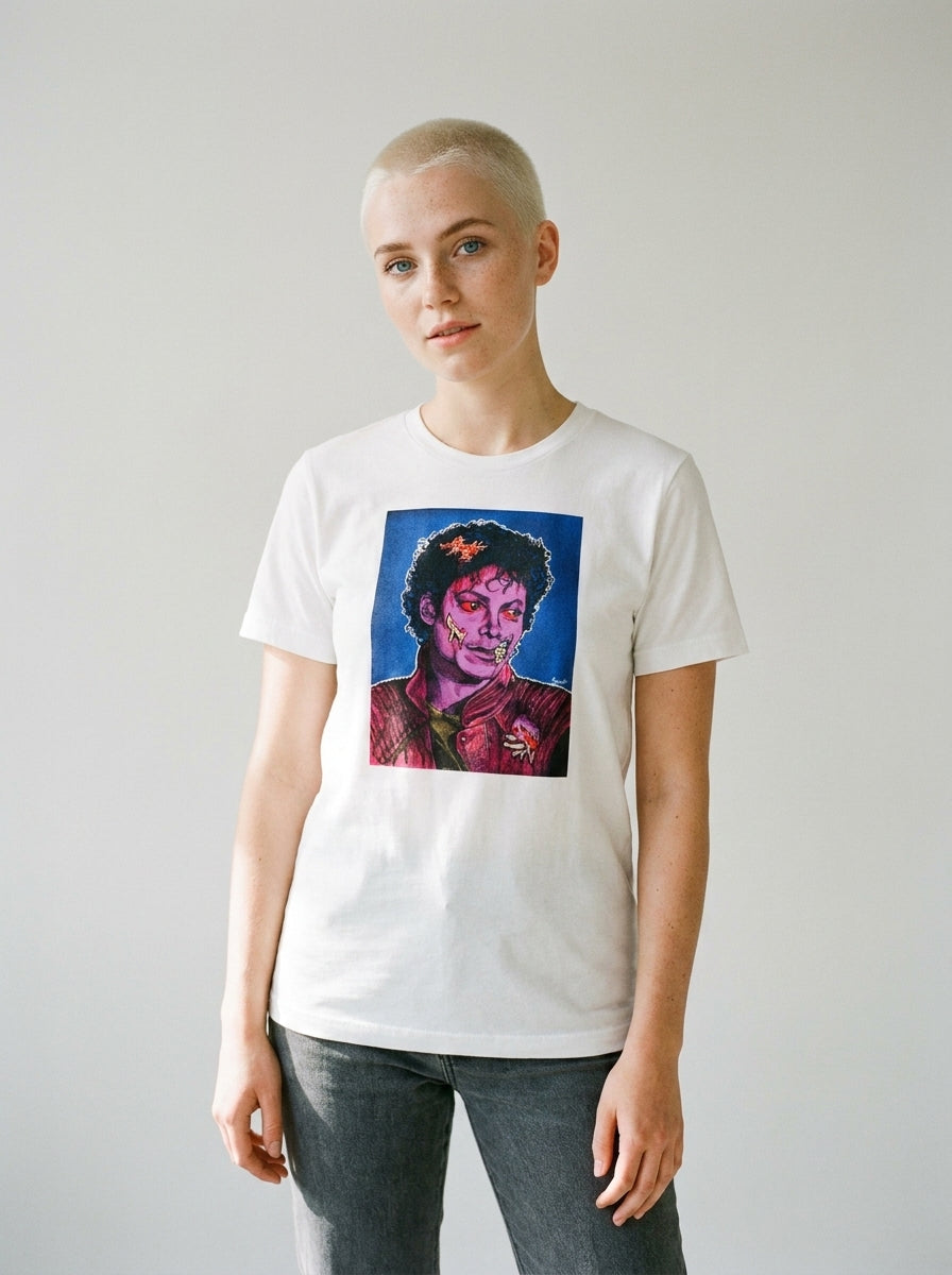 Model wearing the Thriller tee by Design Hero, analog film photo