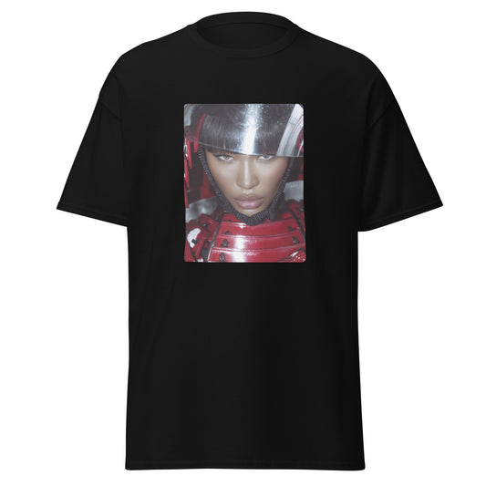 Unisex classic tee in black featuring futuristic film character print – stylish streetwear for filmmakers