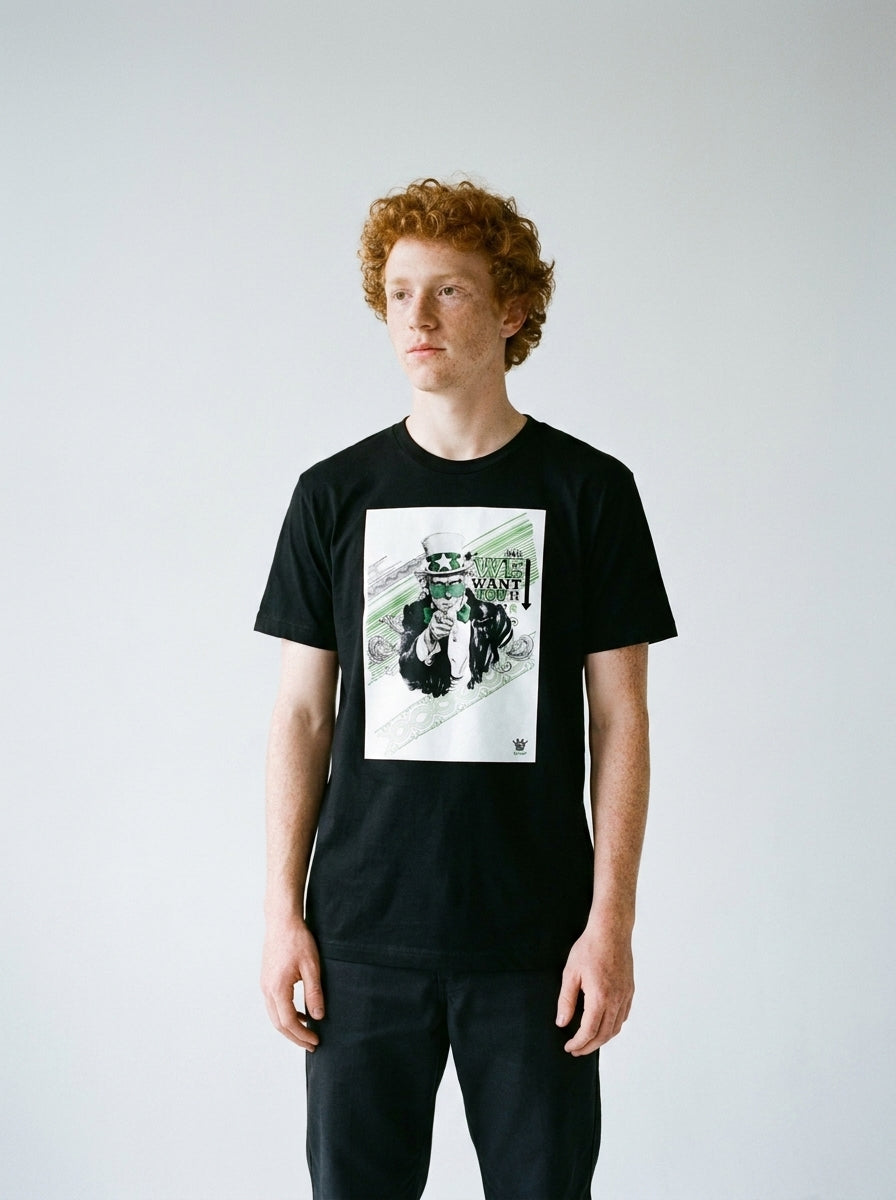 Model wearing the We Want You tee by Design Hero, analog film photo
