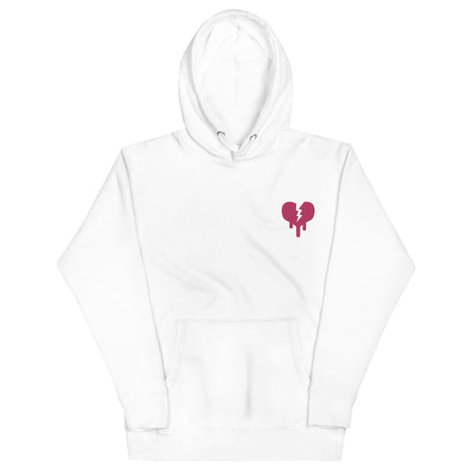 Broken Heart unisex hoodie by Hero in white with pink heart design – comfortable hoodie for filmmakers