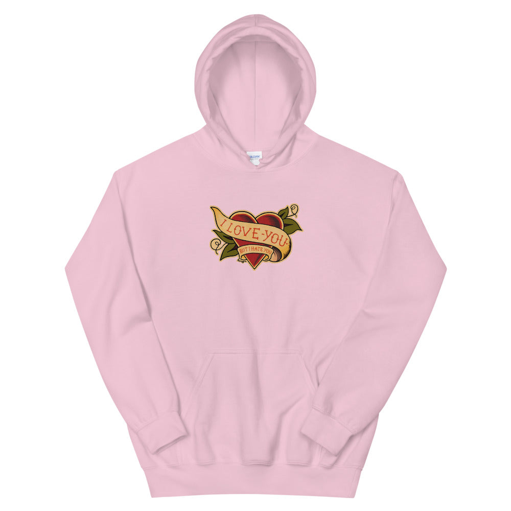 I love you but I hate you Unisex hoodie by Hero in pink - stylish pink hoodie for filmmakers and streetwear fans