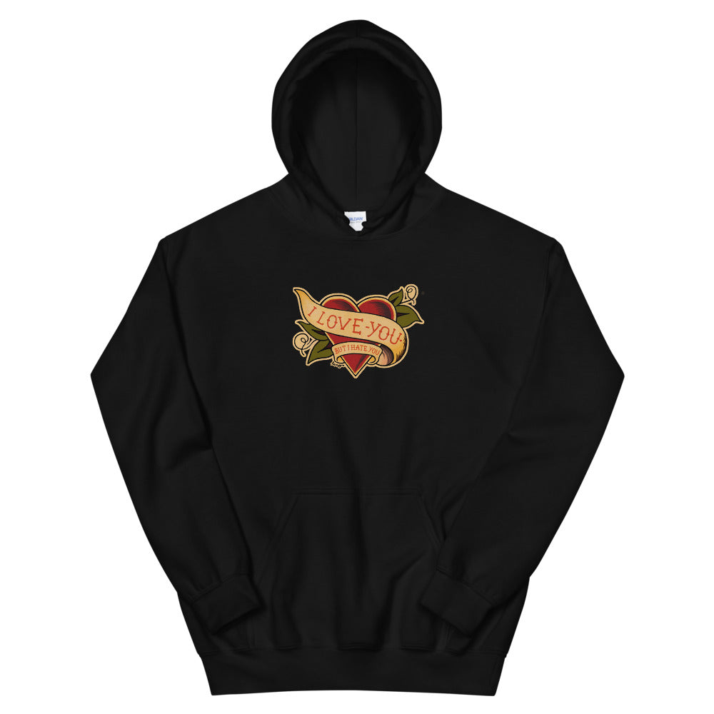 I love you but I hate you Unisex hoodie design by Hero - black hoodie for filmmakers and streetwear fans