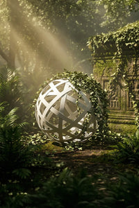 Ivy Grower Studio key art, ivy covered sphere in overgrown temple ruins