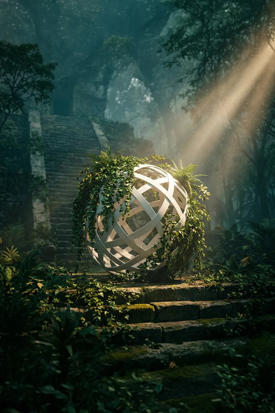 Ivy Grower Studio Aztec temple key art with vine covered sphere