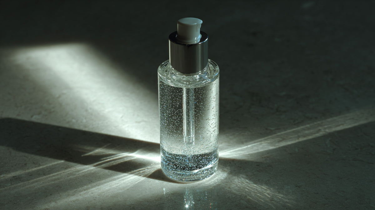 Clear bottle with a dark cap on a textured surface with light casting shadows