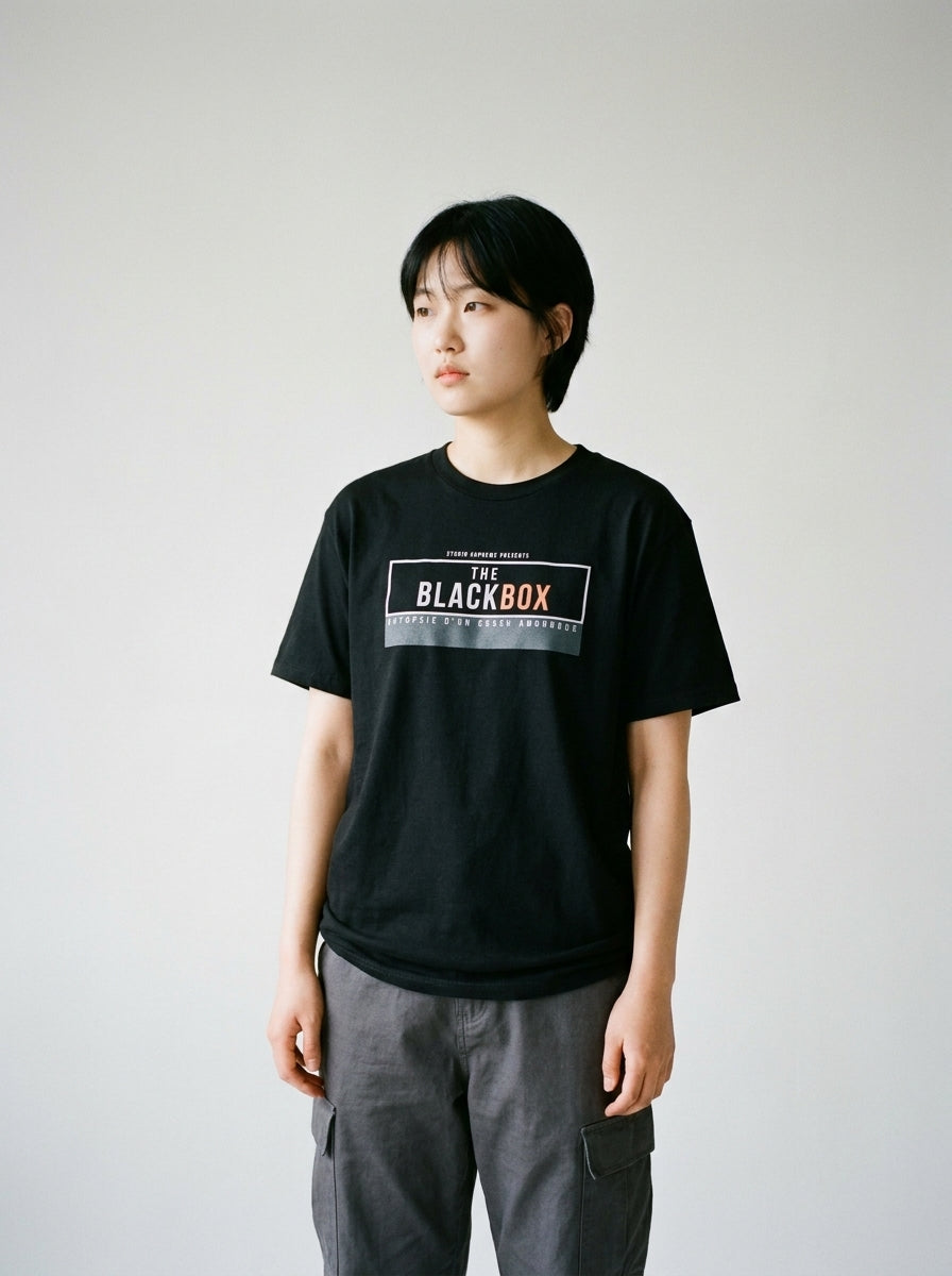 Model wearing The Black Box film tee by Design Hero, analog film photo