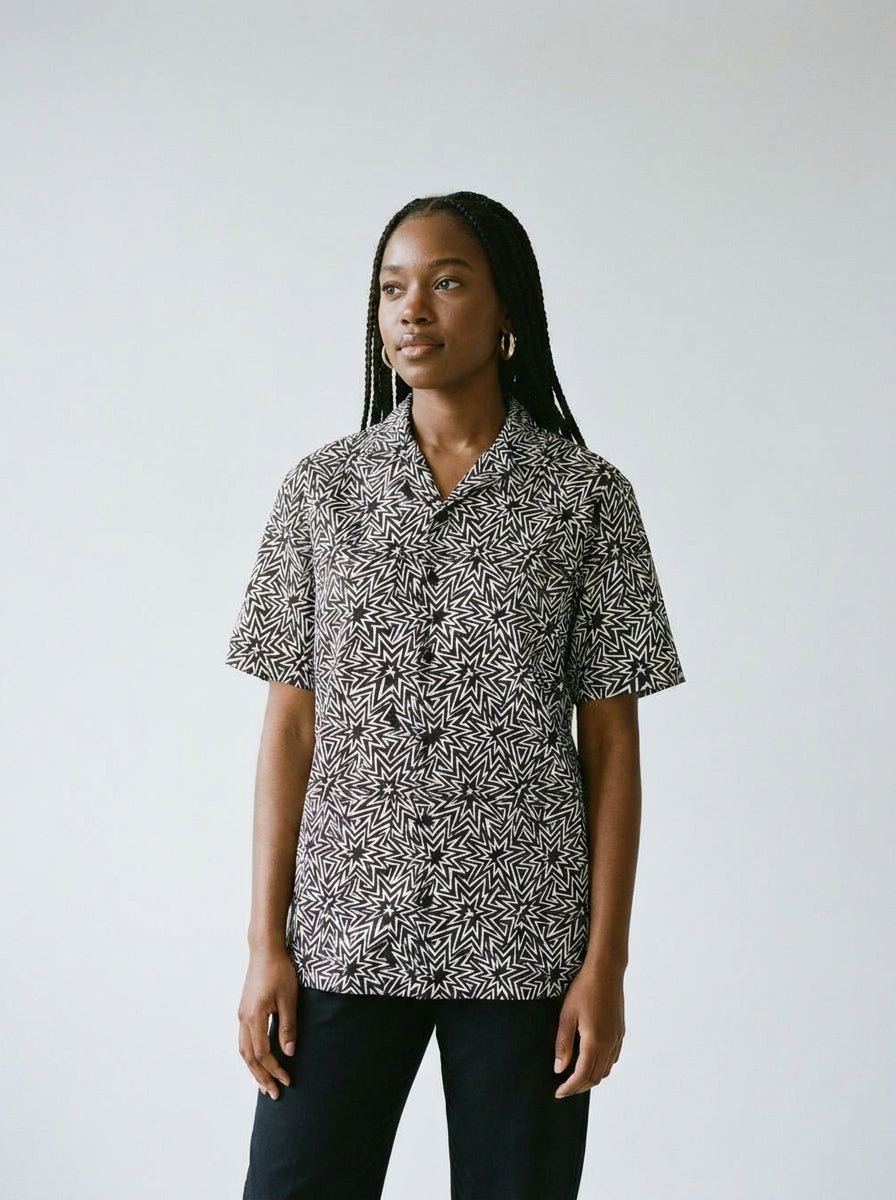 Model wearing the BOOM! graphic button shirt by Design Hero, analog film photo