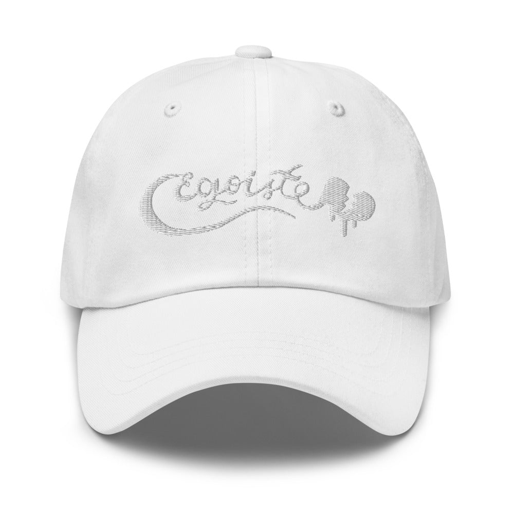 Egoiste by Hero cap design – white dad hat with tonal white script logo – premium cotton adjustable cap