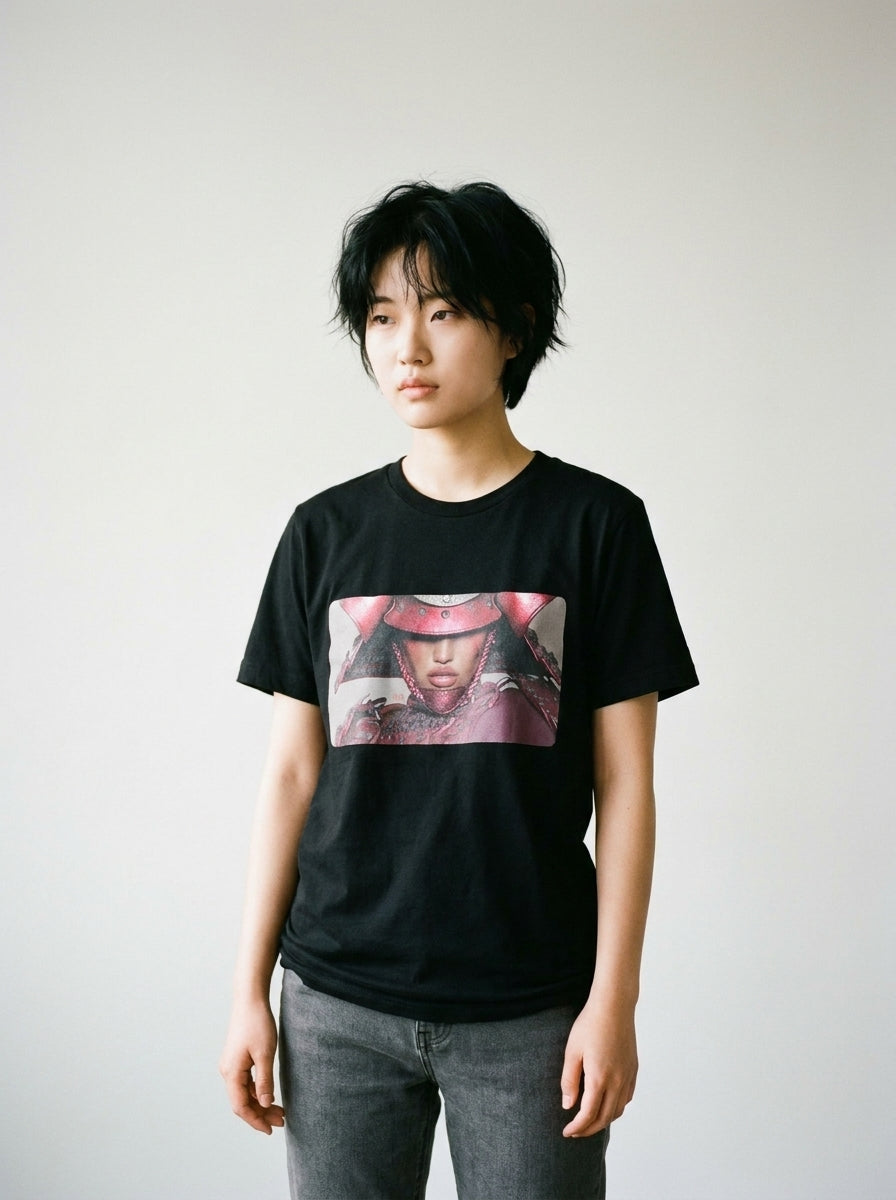 Model wearing the Cyber Lotus samurai tee by Design Hero, analog film photo