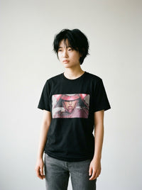 Model wearing the Cyber Lotus samurai tee by Design Hero, analog film photo