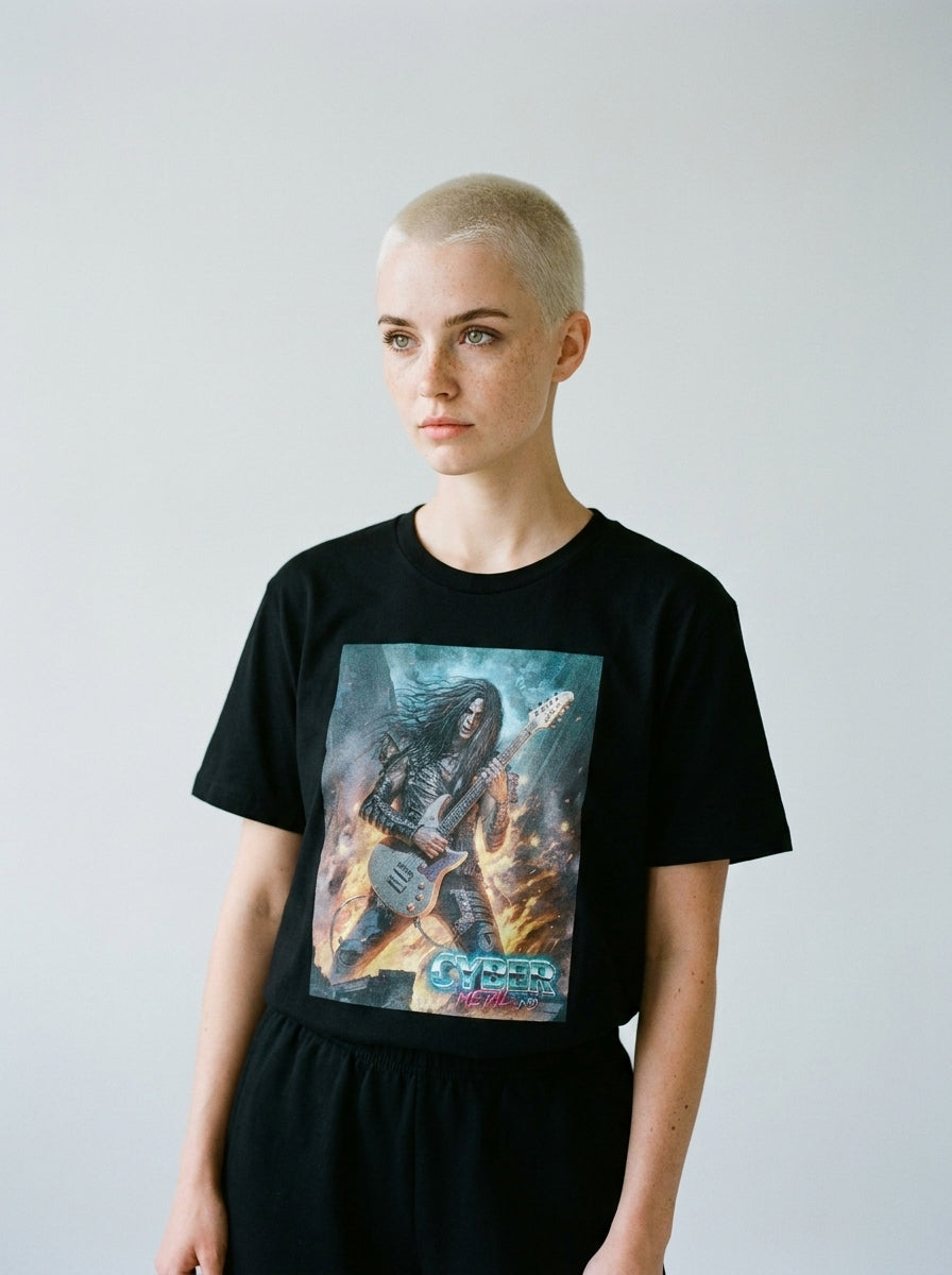 Model wearing the Cyber Metal tee by Design Hero, analog film photo