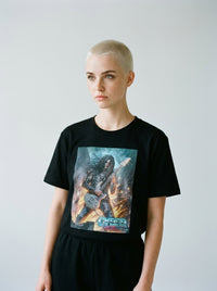 Model wearing the Cyber Metal tee by Design Hero, analog film photo