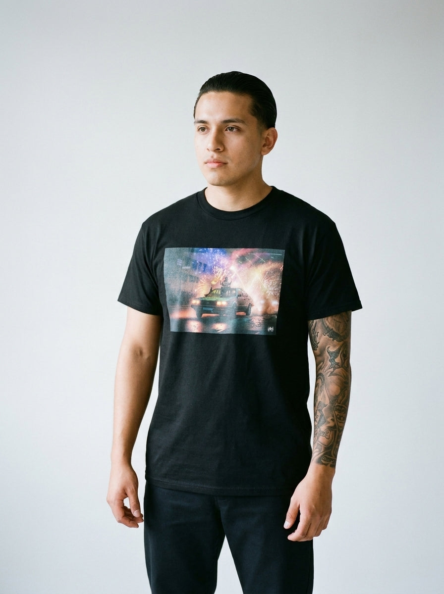 Model wearing the Firework Revolution tee by Design Hero, analog film photo