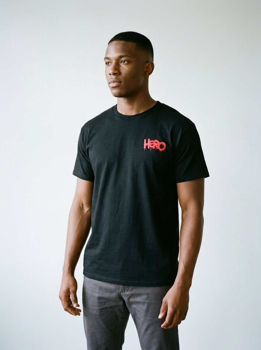 Model wearing the Hero embroidery tee by Design Hero, analog film photo