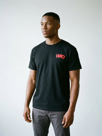 Model wearing the Hero embroidery tee by Design Hero, analog film photo