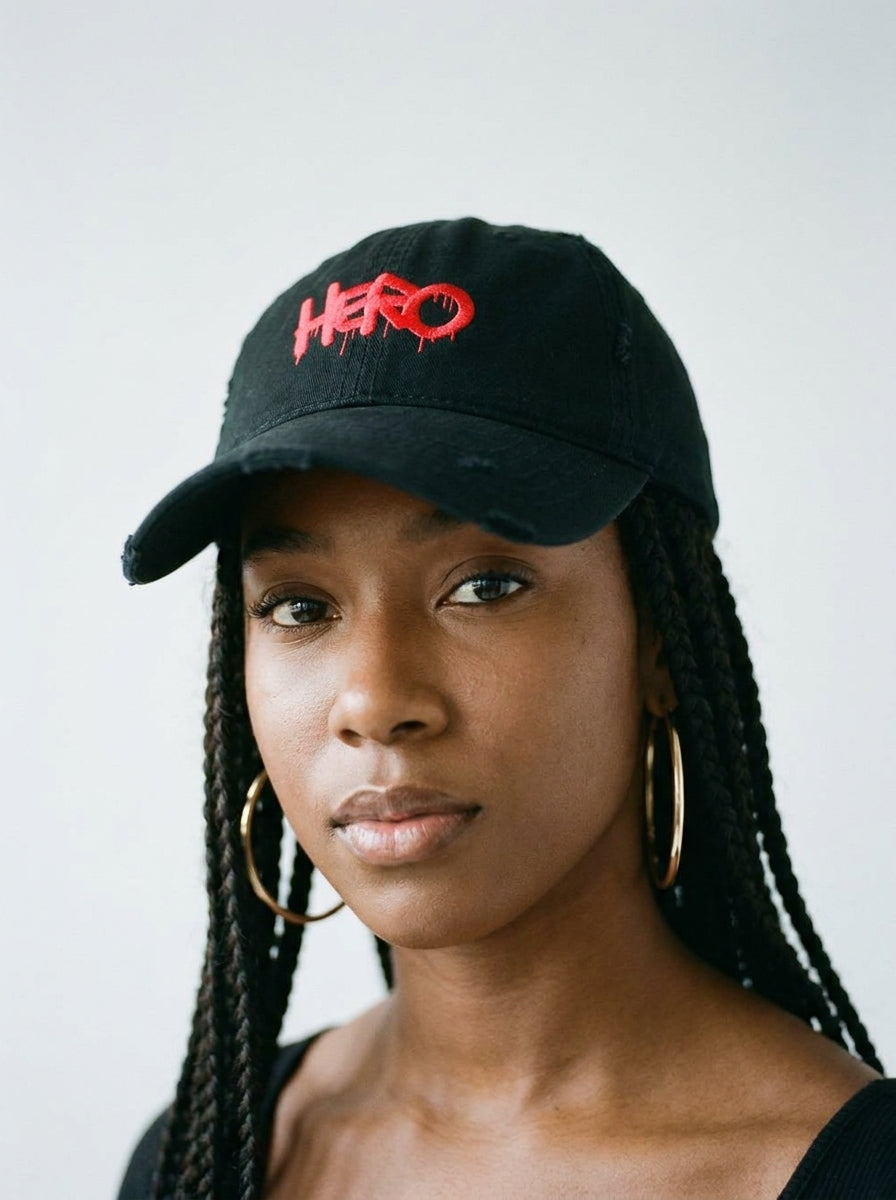 Hero Distressed Dad Hat – Unisex Vintage Cap worn by a model