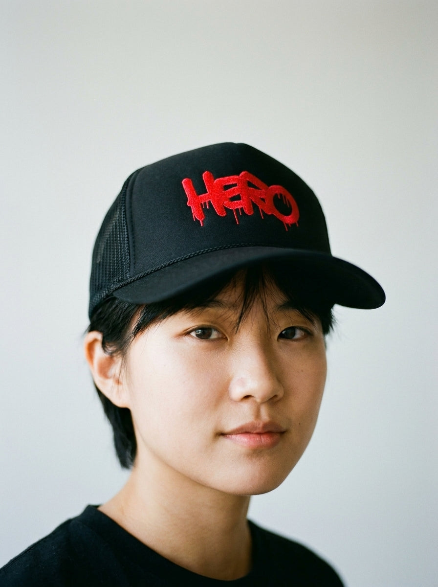 HERO Foam Trucker Hat – Unisex Trucker Hat Adjustable Cap worn by a model