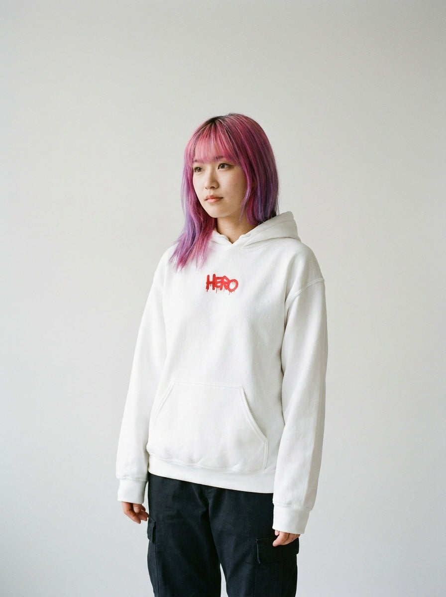 Model wearing the Hero hoodie by Design Hero, analog film photo