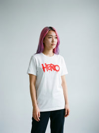 Model wearing the Hero tee by Design Hero, analog film photo