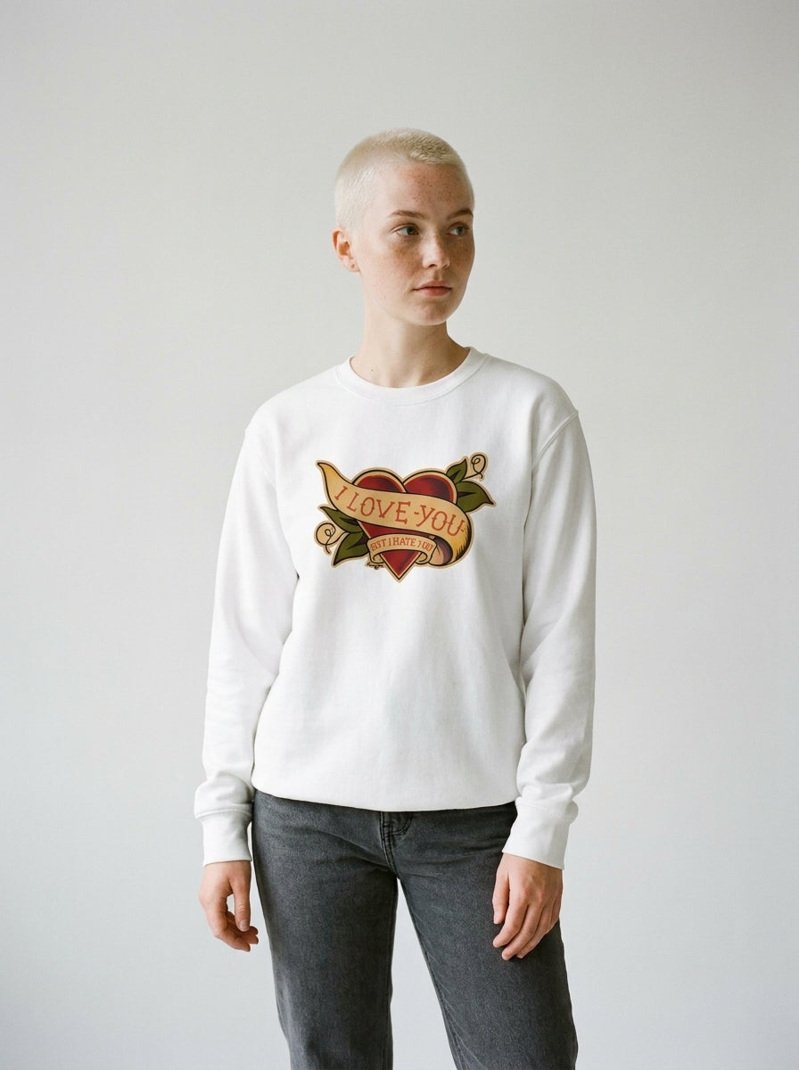 Model wearing the I Love You But I Hate You premium sweatshirt by Design Hero, analog film photo