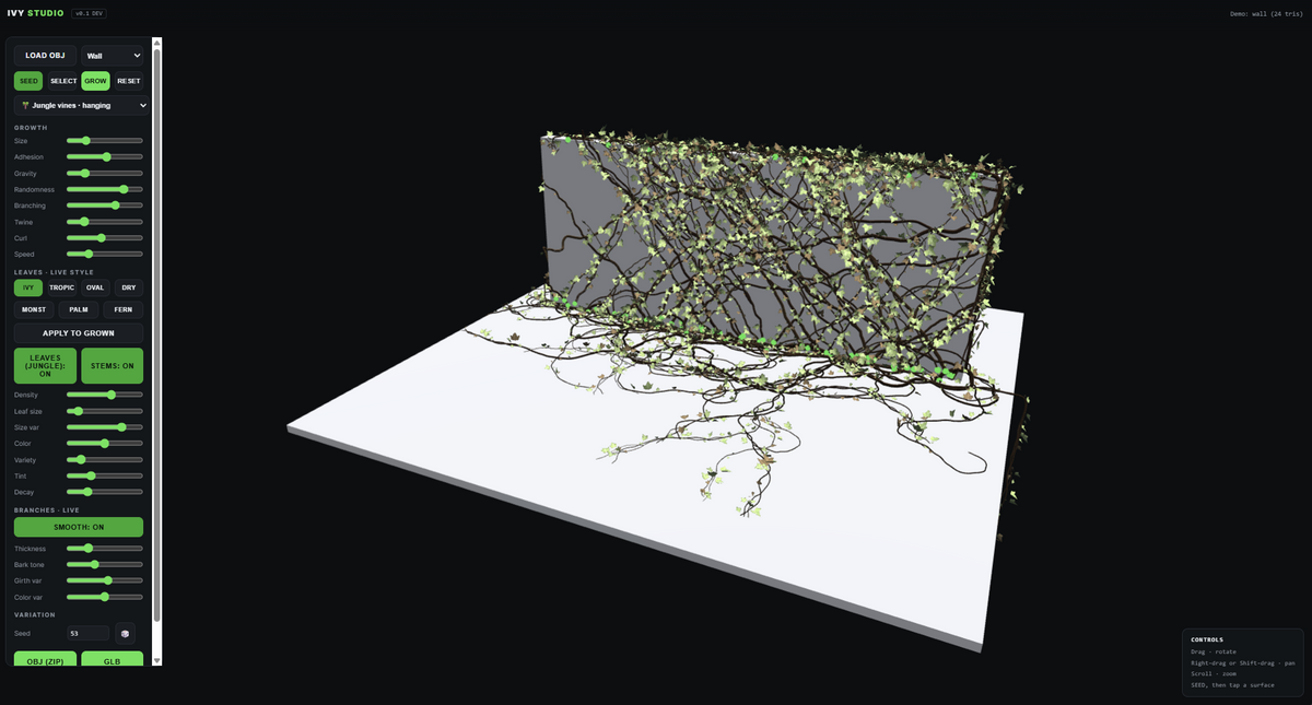 Ivy Studio demo: ivy grown across a wall, real-time in the browser