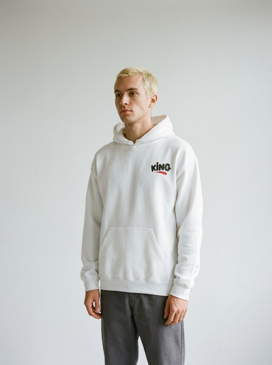 Model wearing the King hoodie by Design Hero, analog film photo