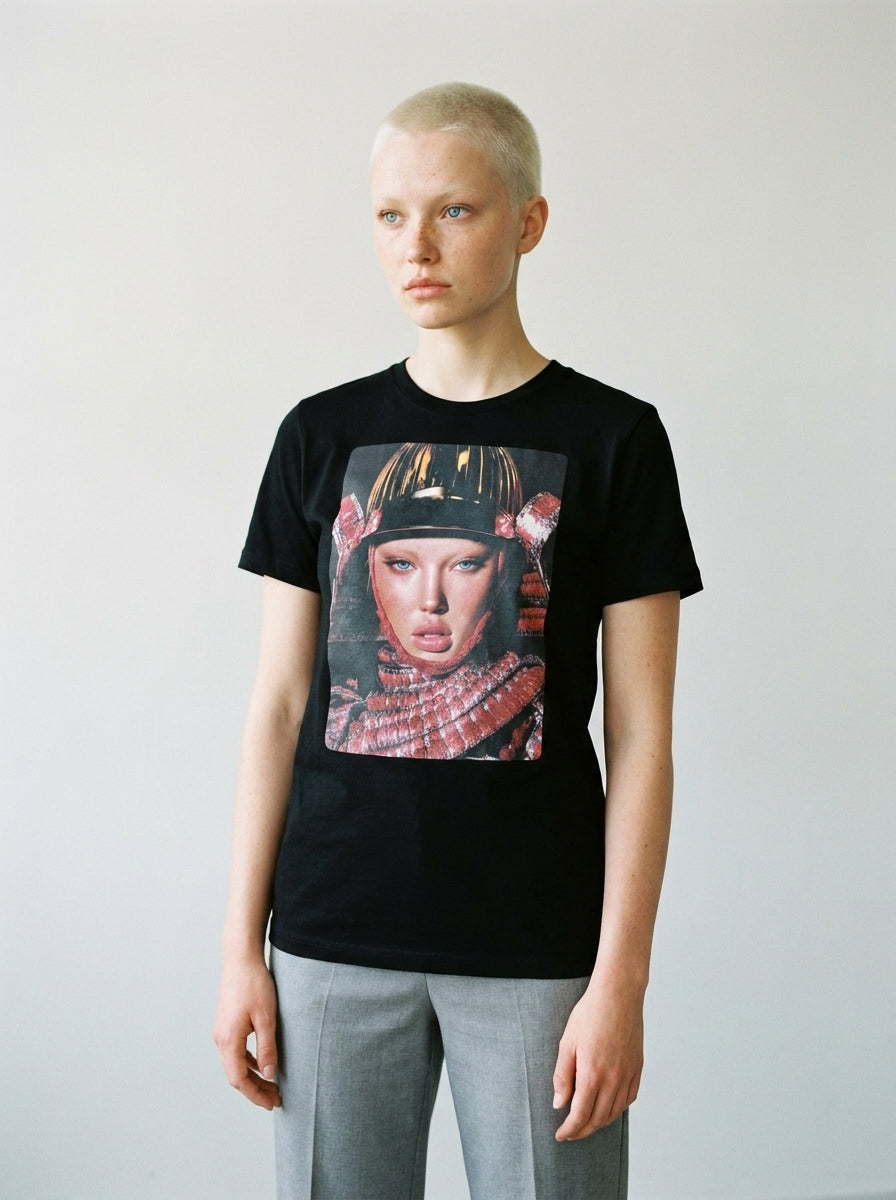 Model wearing the Red Viper samurai tee by Design Hero, analog film photo