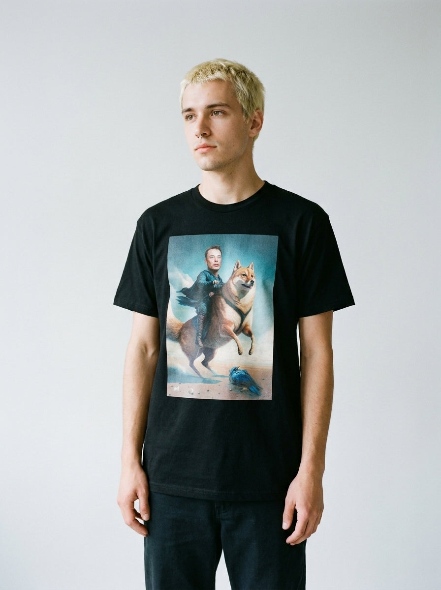 Model wearing the Shiba meme tee by Design Hero, analog film photo