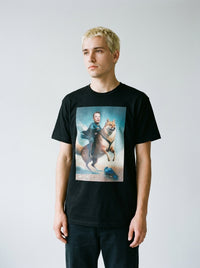 Model wearing the Shiba meme tee by Design Hero, analog film photo