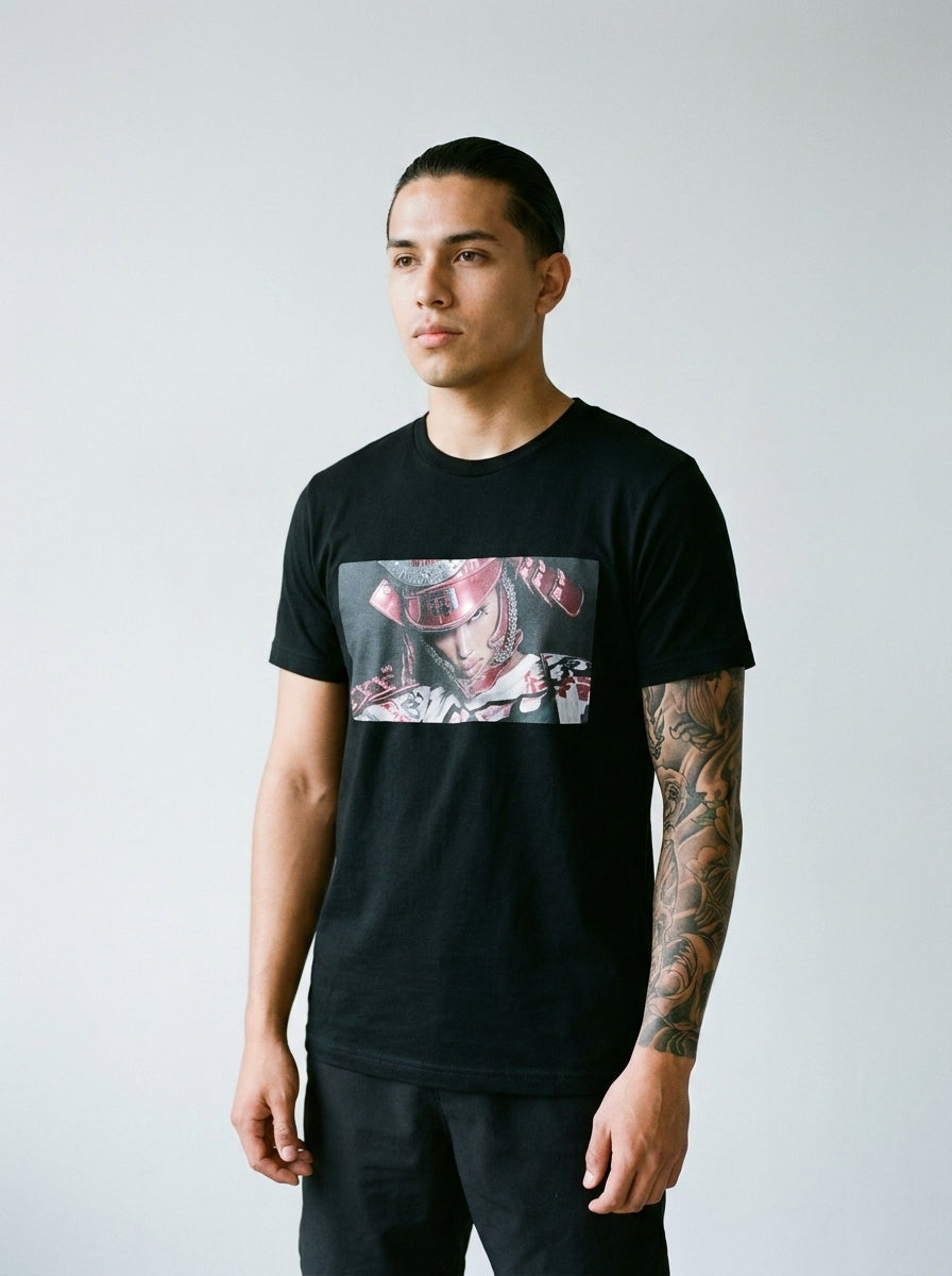 Model wearing the Shogun X samurai tee by Design Hero, analog film photo
