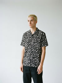 Model wearing the Skull button shirt by Design Hero, analog film photo