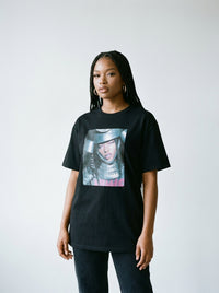 Model wearing the Steel Ghost cyber samurai tee by Design Hero, analog film photo