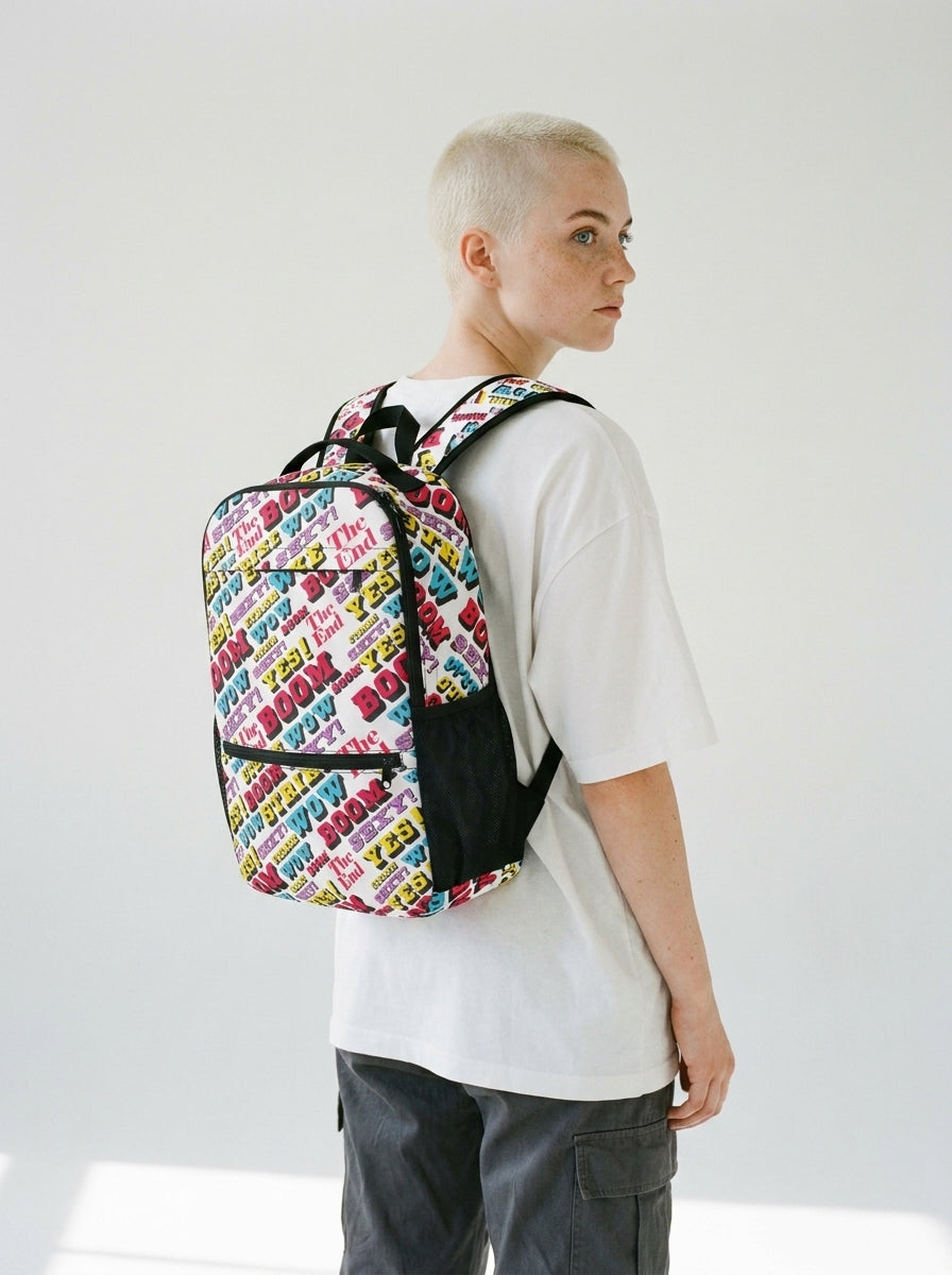 Model with platinum buzzcut wearing the Strike utility backpack by Design Hero, analog film photo