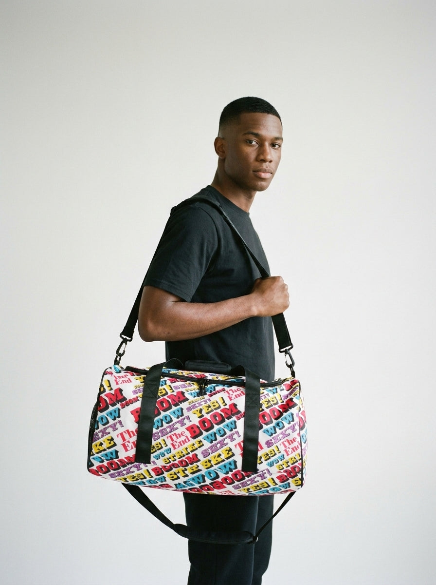 Model carrying the Strike duffle bag by Design Hero, analog film photo
