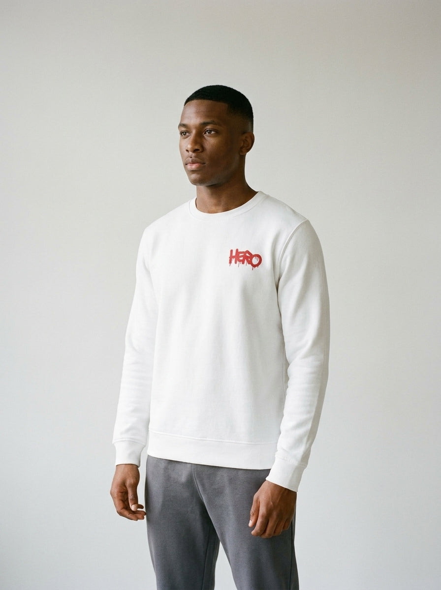 Model wearing the Hero embroidery sweatshirt by Design Hero, analog film photo