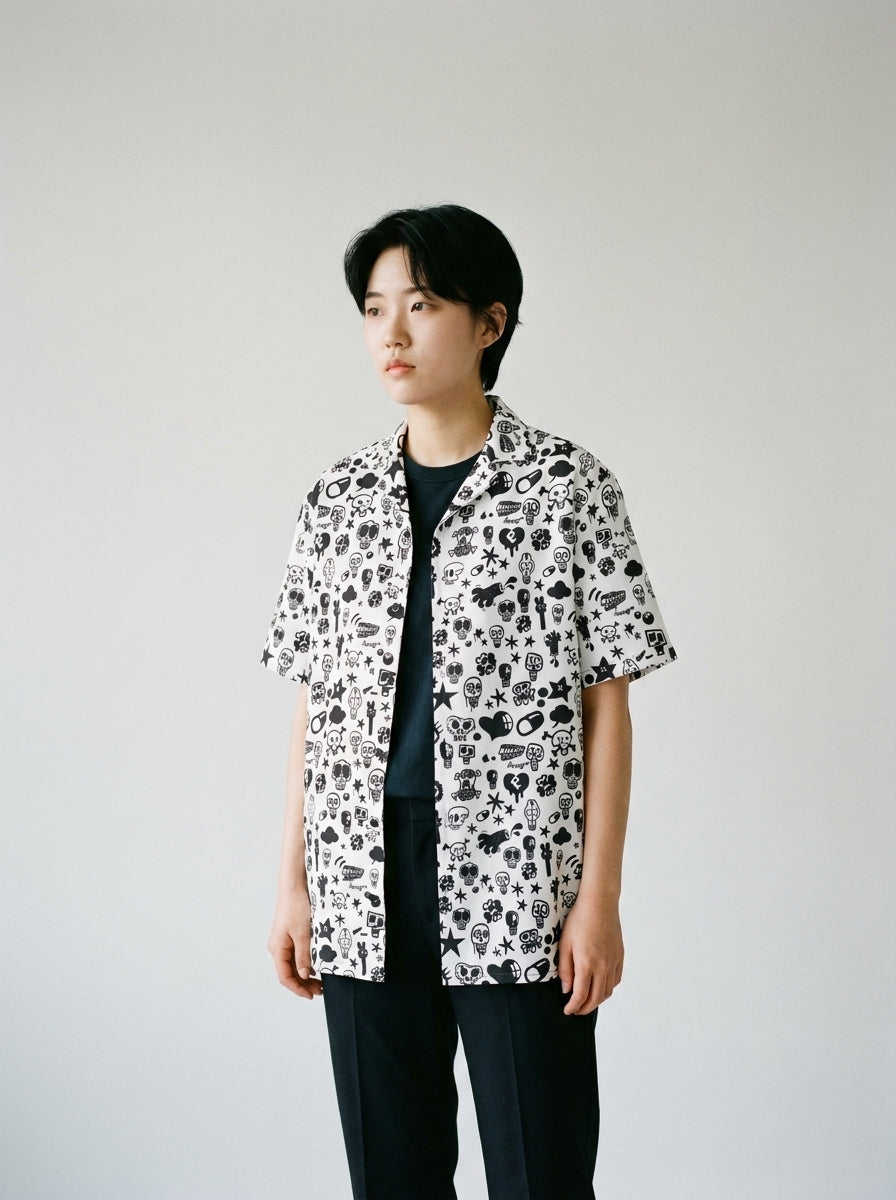 Model wearing the White Skull button shirt by Design Hero, analog film photo