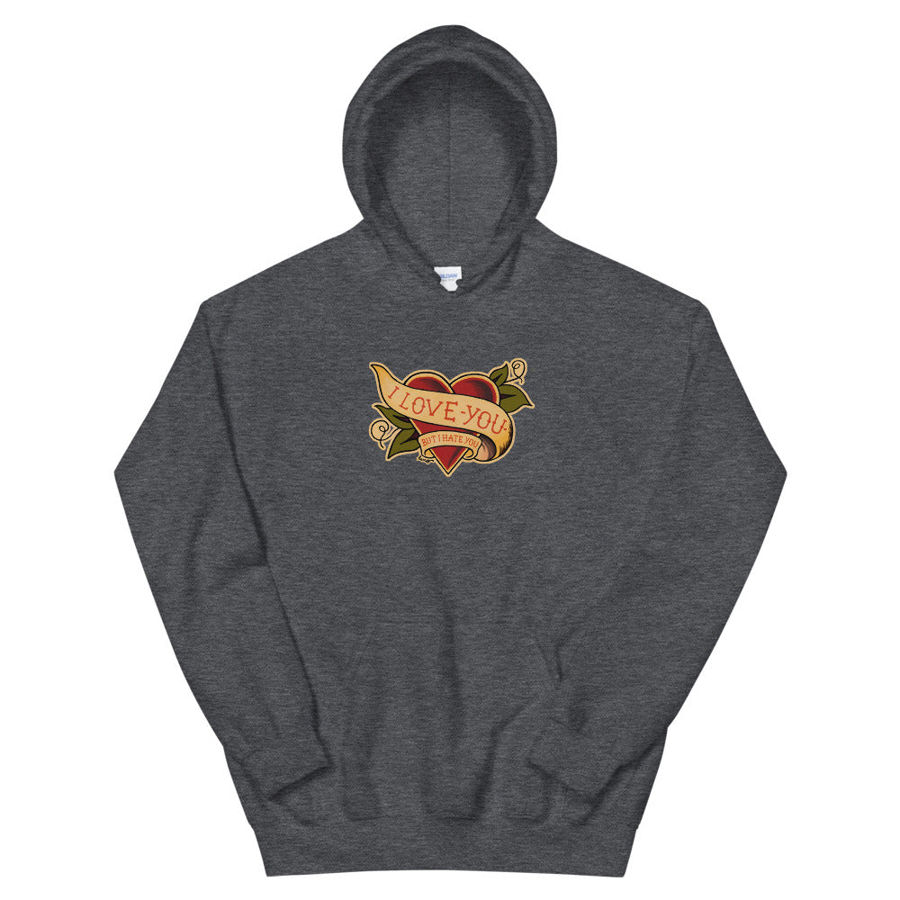 I love you but I hate you Unisex hoodie by Hero in grey - comfortable hoodie for filmmakers